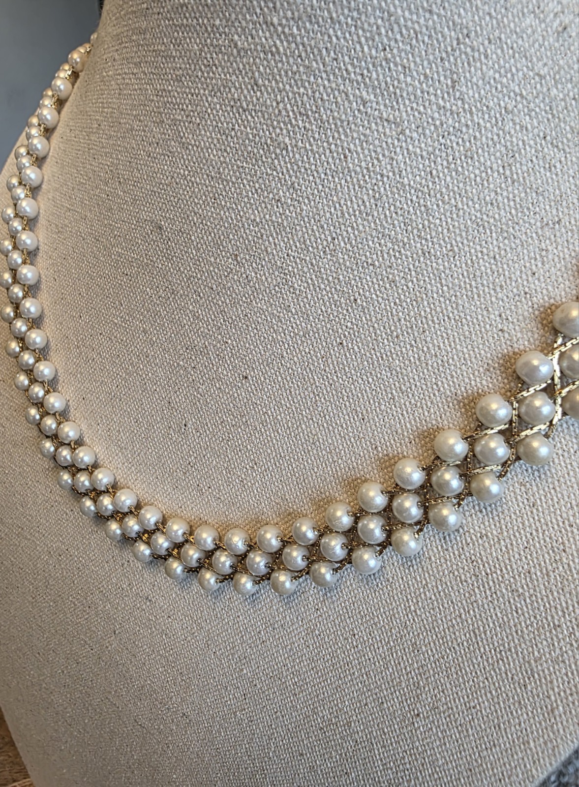 Vintage Braided Pearl and Gold Woven Necklace with J Hook Spring Clasp