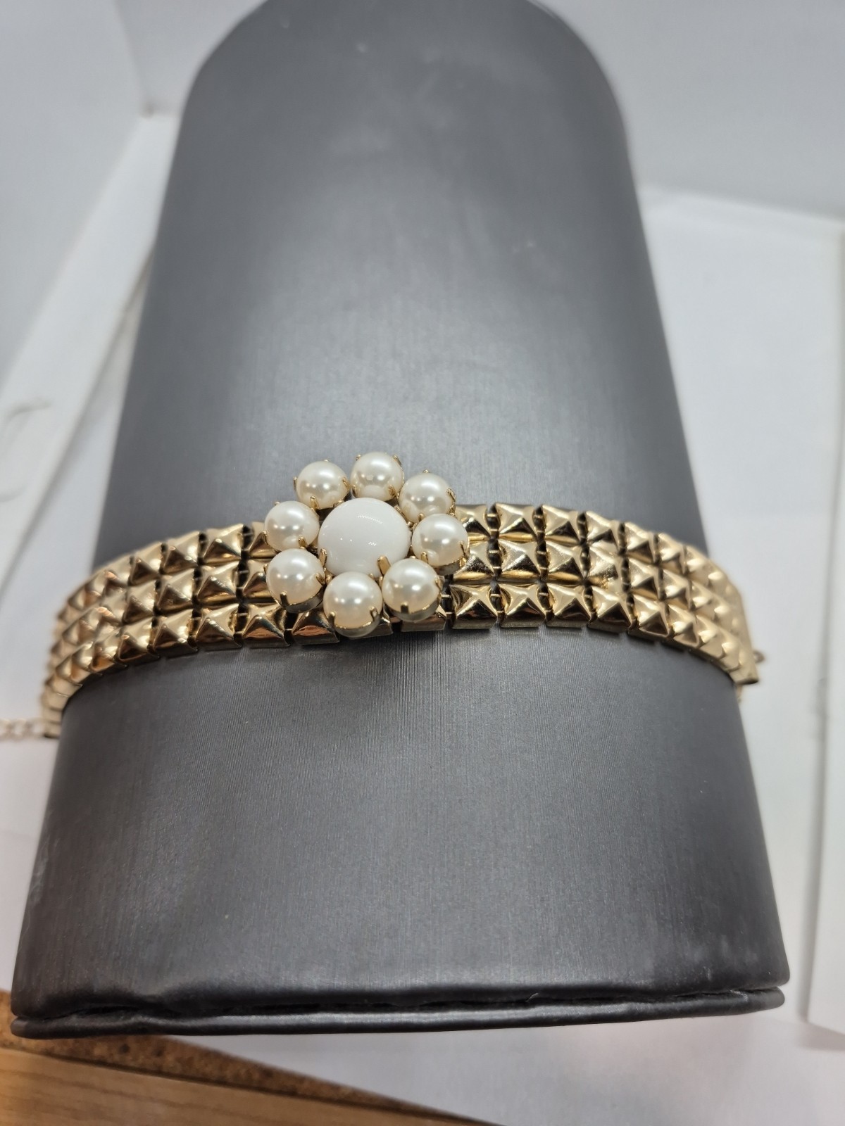 Vintage Gold-Tone Bracelet Triple-Row Studded Band & Floral Faux Pearl Cluster