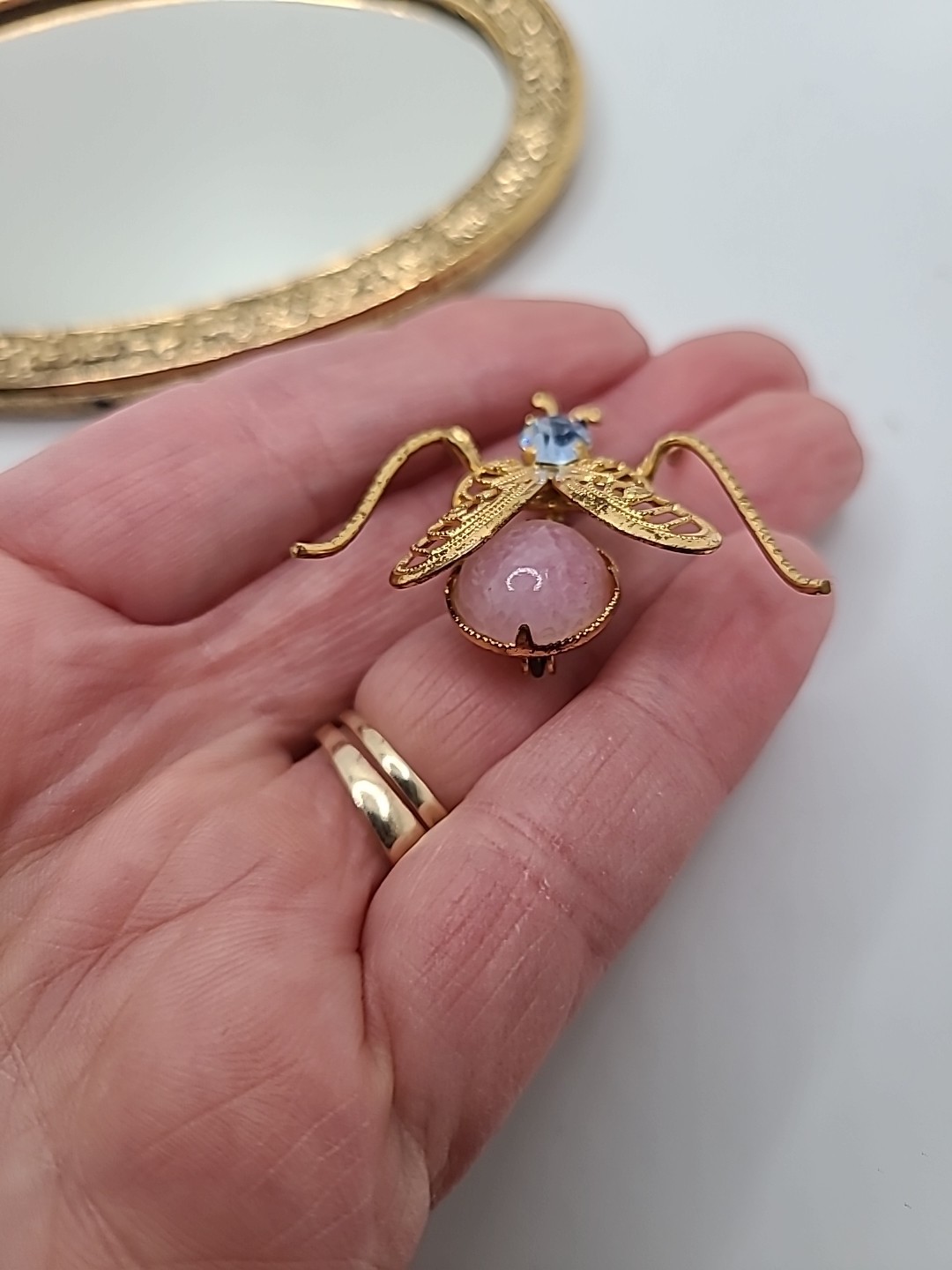 Vintage Goldtone Filagree Rhinestone Pink Blue Winged Bug Insect Brooch