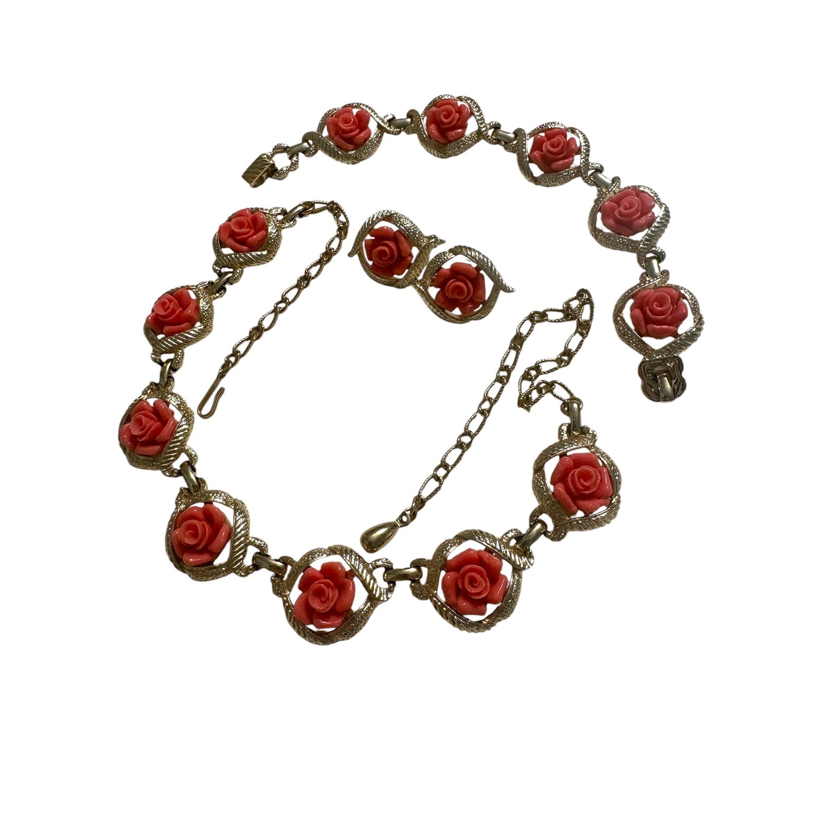 Vintage Sarah Coventry Coral Rose Jewelry Set Necklace Bracelet Clip Earrings
