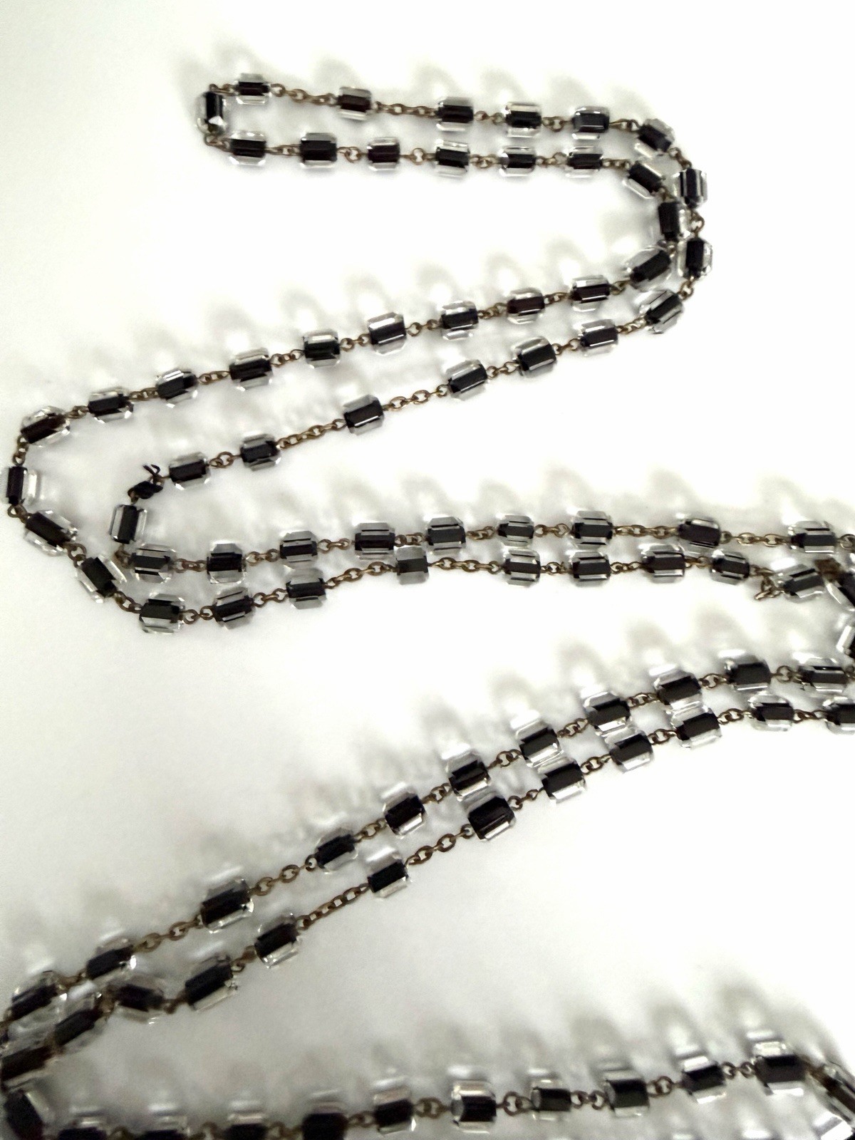 Antique Czech Jet Black & Clear Geometric Glass Bead 60″ + Extra Long Necklace