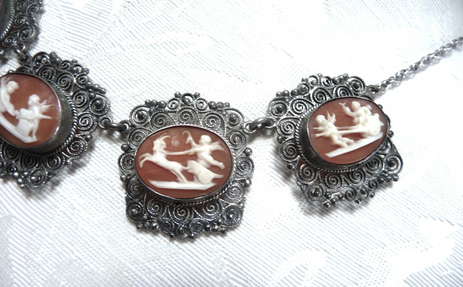 FABULOUS RARE ANTIQUE STERLING 800 SHELL CAMEO CANNETILLE CUPID CHARIOT NECKLACE