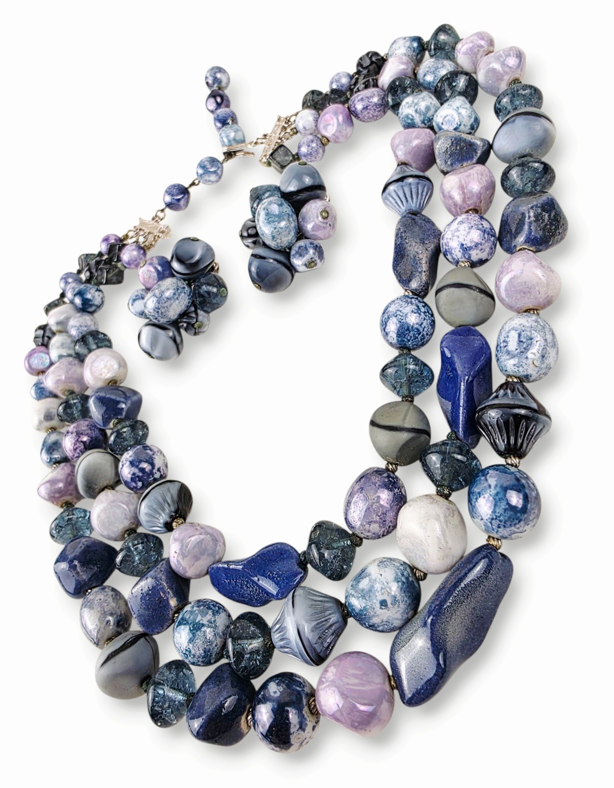 Vintage Hattie Carnegie 3 Strand Natural Stone Necklace & Matching Clip Earrings
