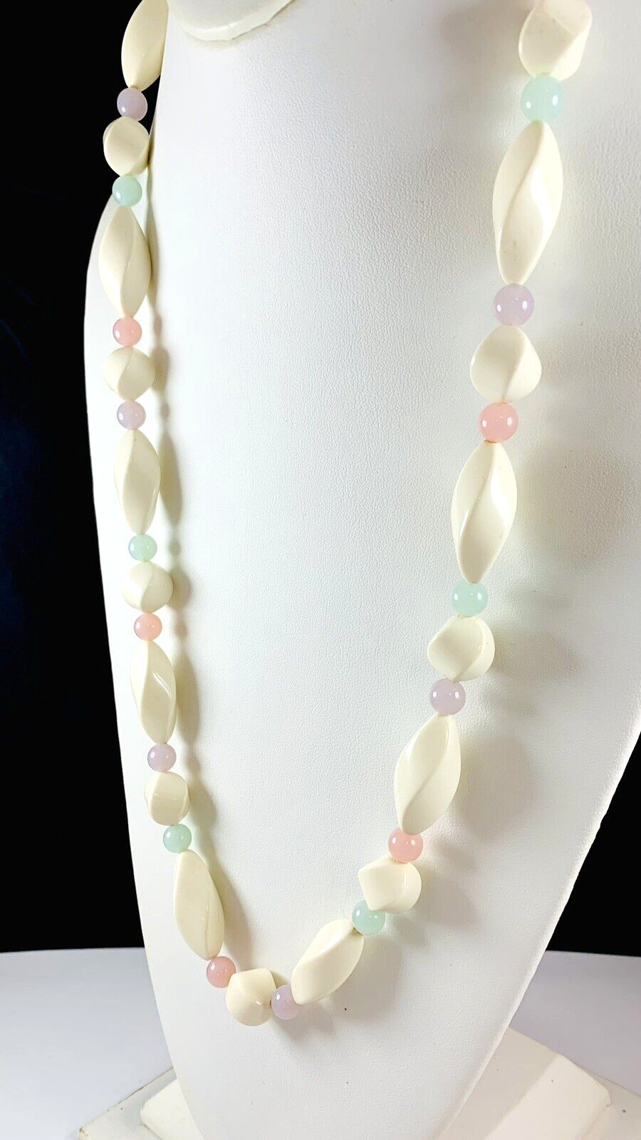 Vintage Twisted Off White & Pastel Pink Green Purple Beaded Necklace 28″