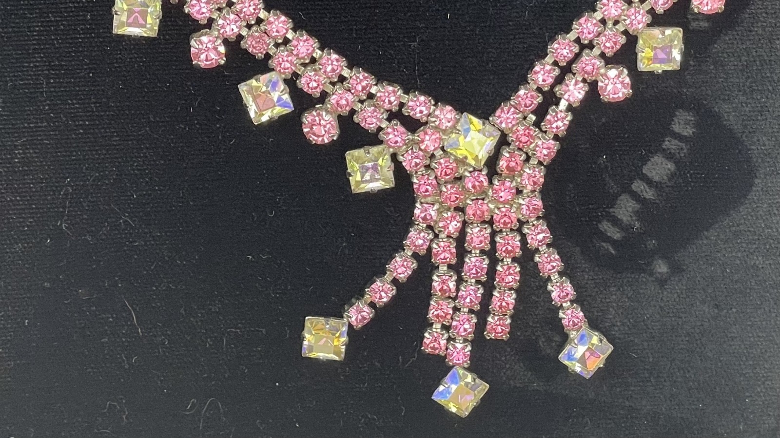 Vintage Art Deco Hook Clasp Pink & Clear Rhinestone Necklace