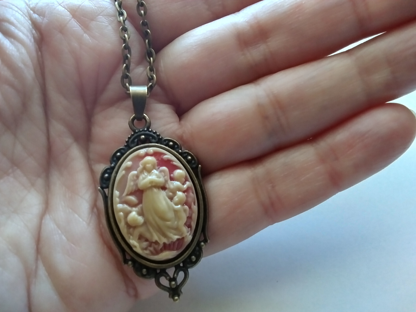 Rococo Guardian Angel Cameo pendant Ivory Shell look bronze chain necklace OOAK!