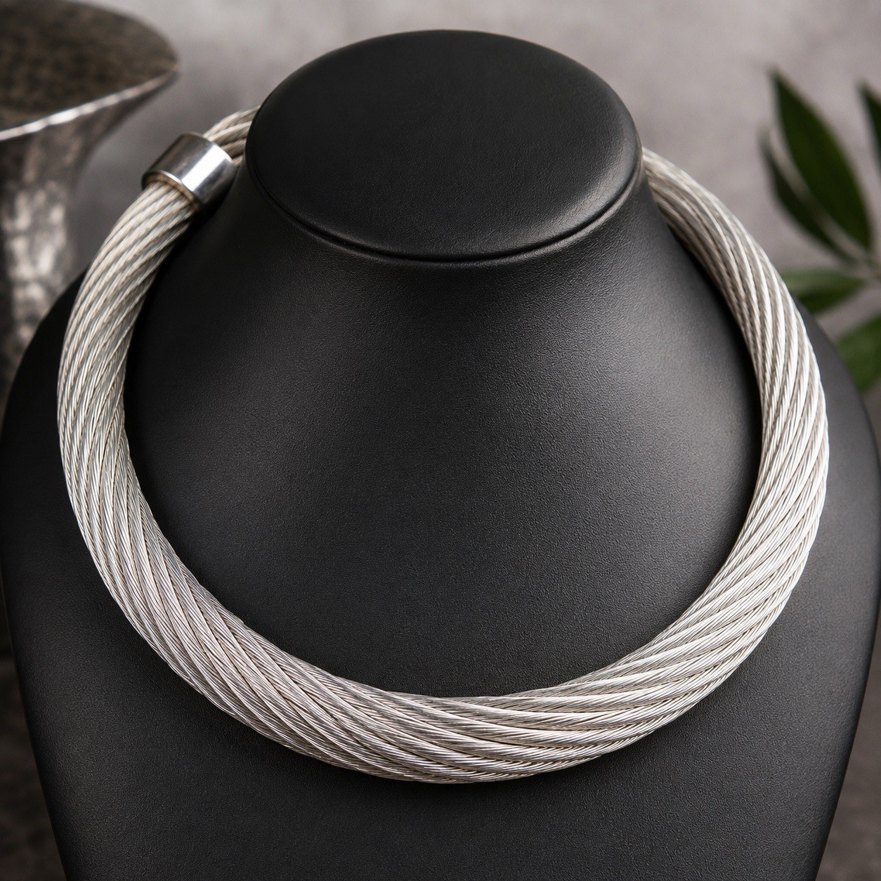 Los Castillo Taxco MCM Modernist Cable Collar Necklace Silver Plated Copper
