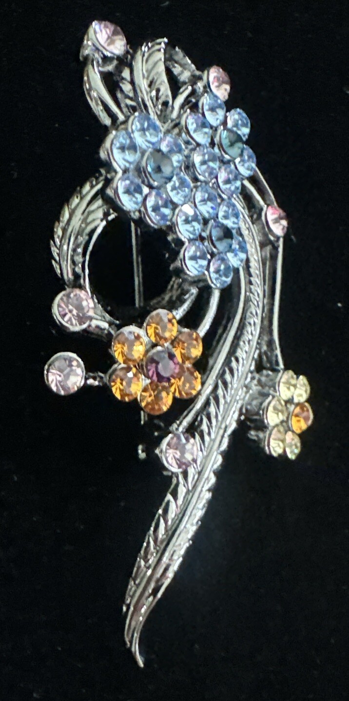 Vtg Flower Spray Brooch Pink Blue Yellow Red Orange Crystals Gunmetal Silver 2″