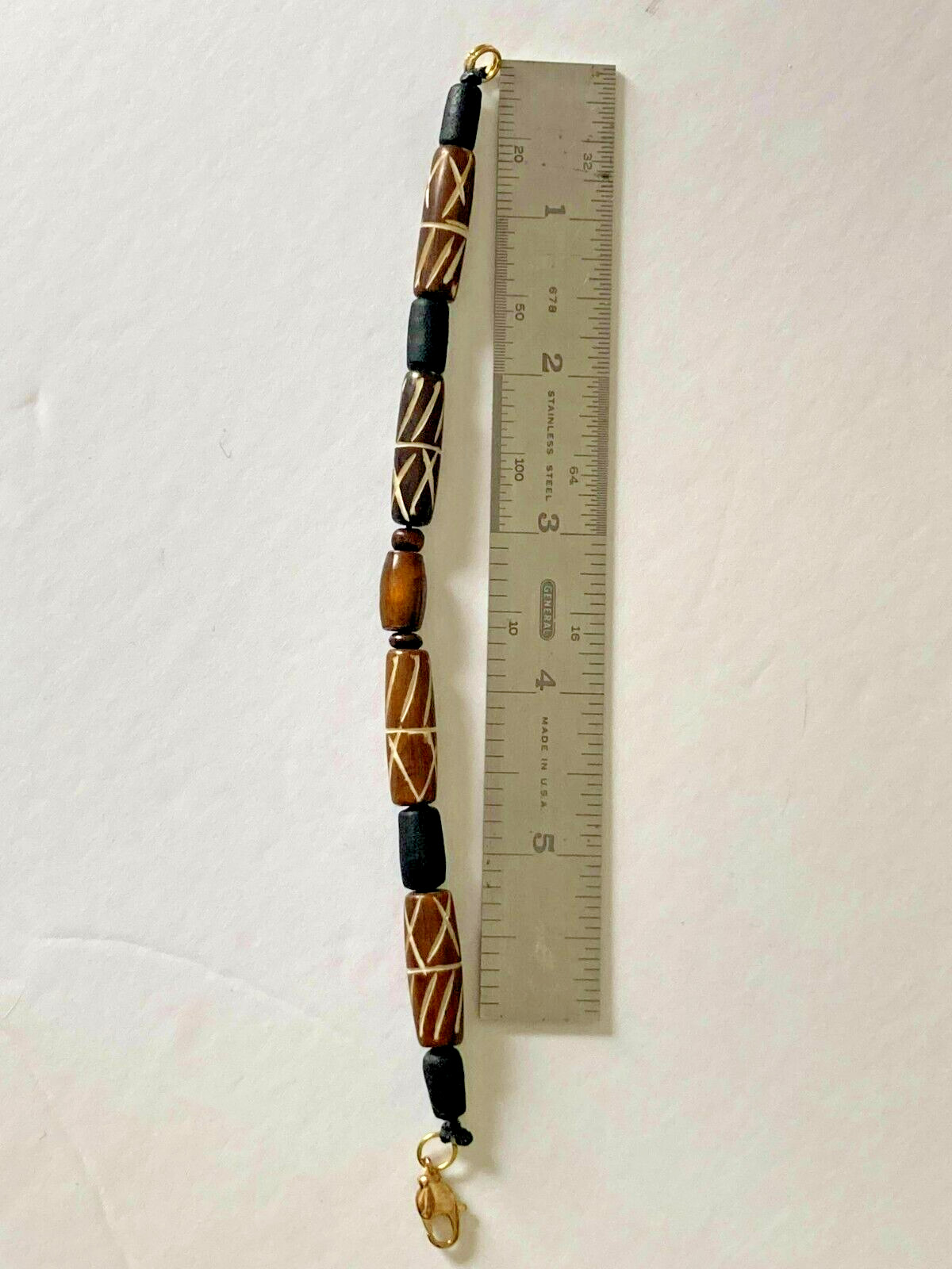 Hand Beaded Vintage Carved Wood and Black Ceramic 7.5-inches