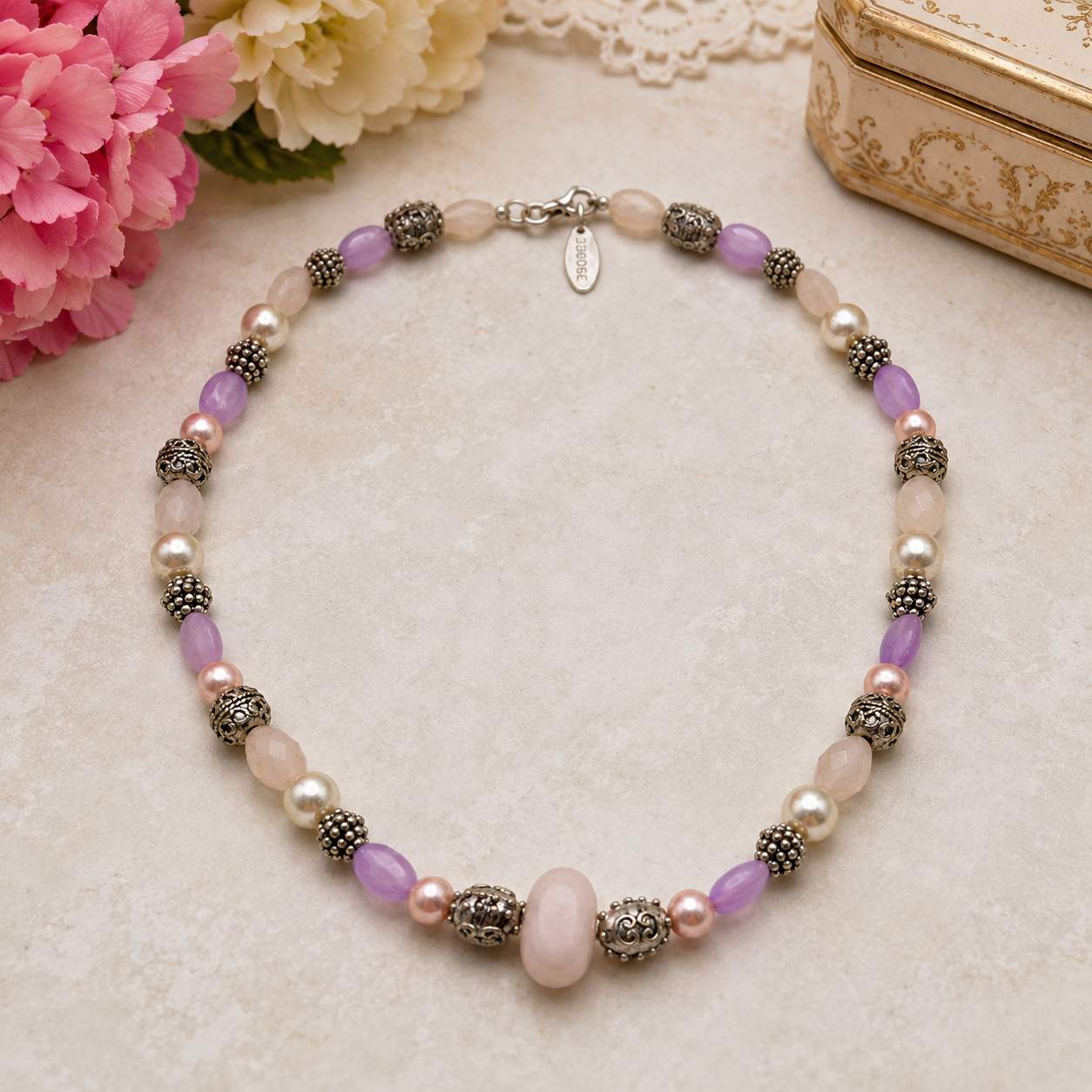 Vintage George Pink Lavender Lucite Faux Pearl Beaded Necklace 18 In Silver Tone