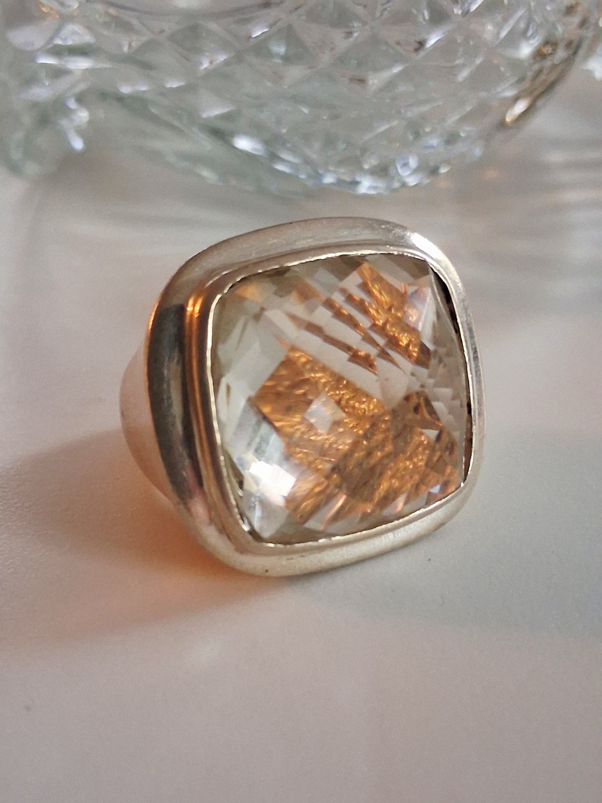 Huge Vintage Rock Crystal Clear Quartz Statement Ring Size 7.5 Sterling Silver