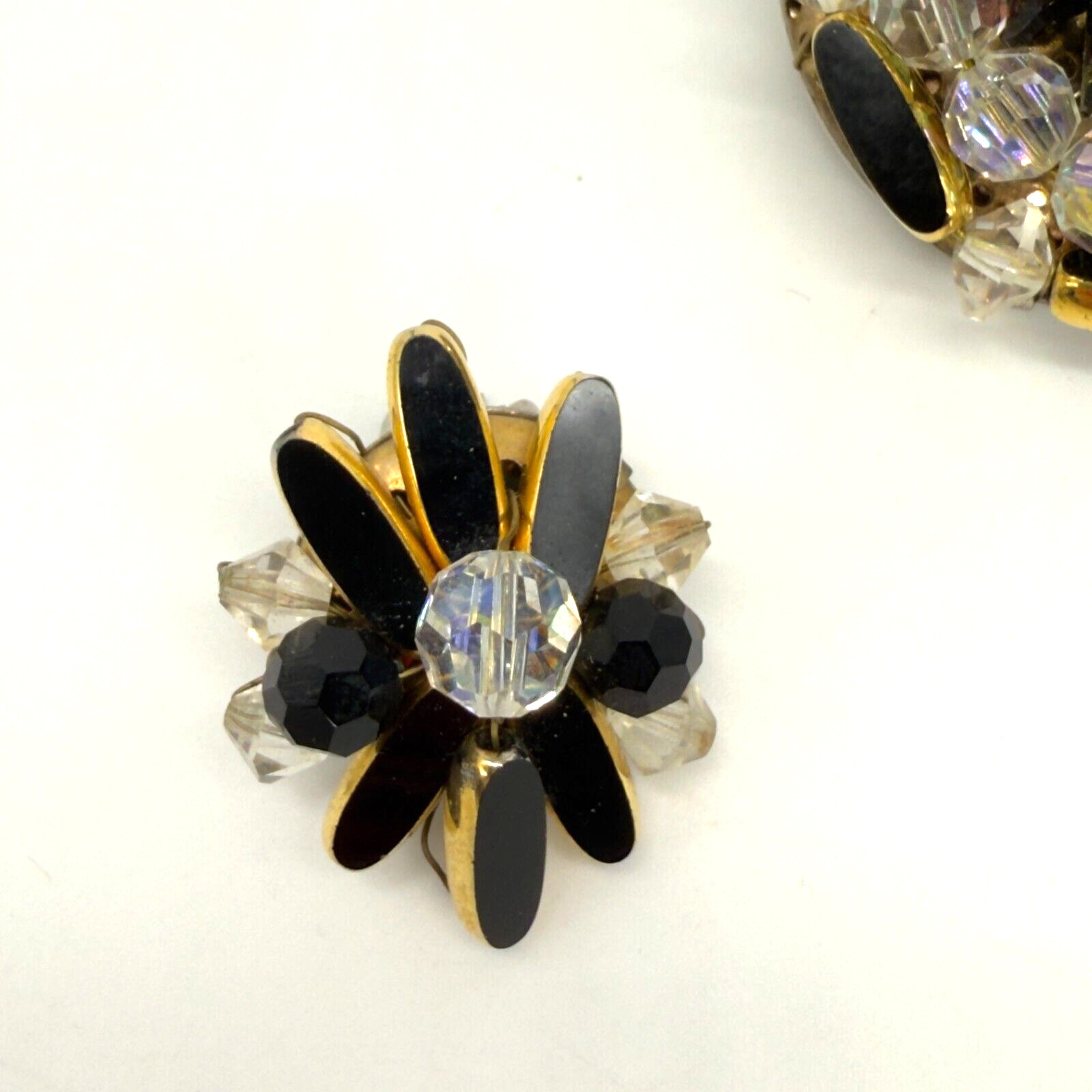 Vintage Brooch Earrings Black and AB Acrylic Beads Black Enamel