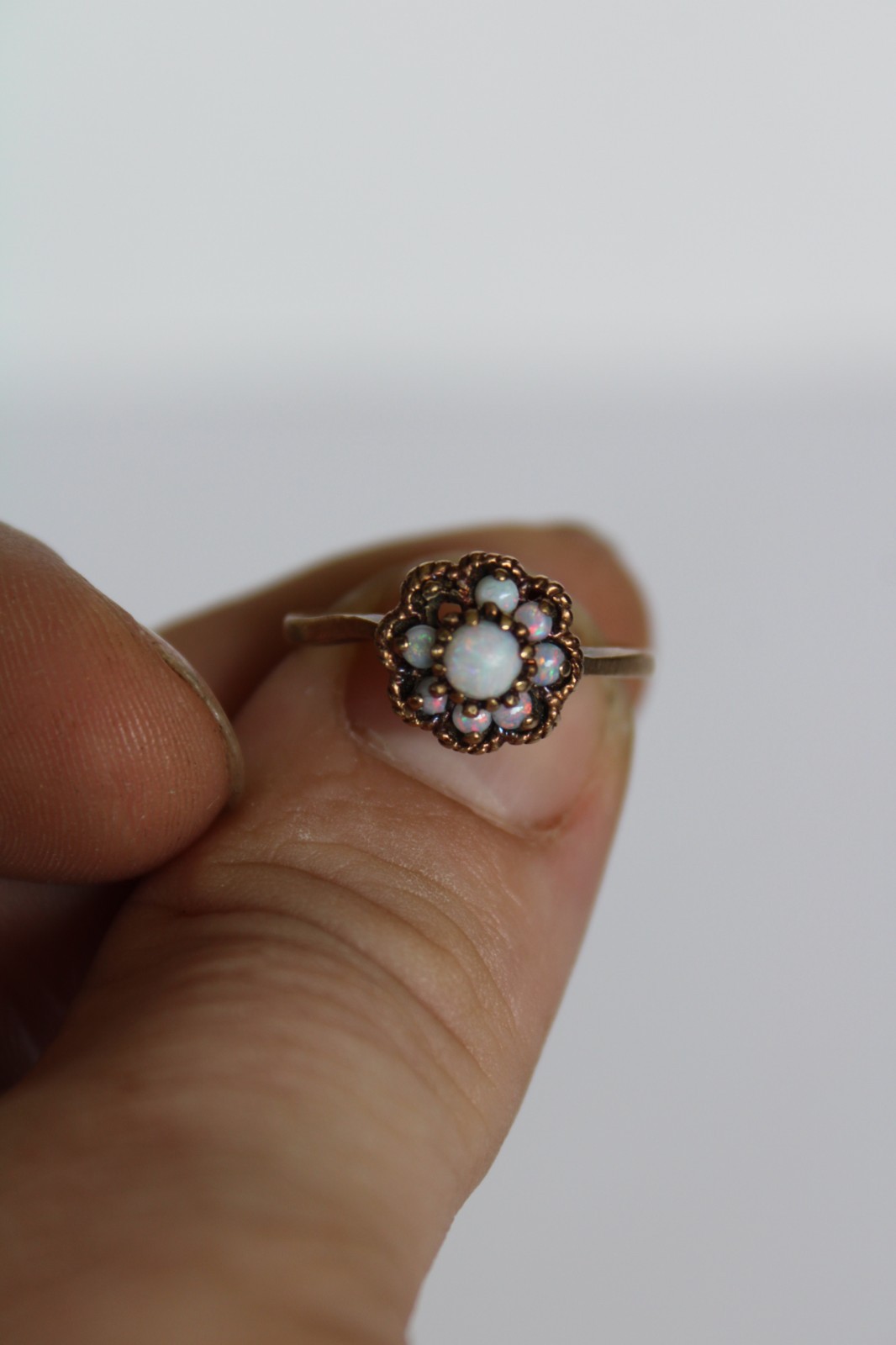 Vtg 10K Yellow Gold & Fire Opal Floral Cluster Ladies Estate Ring, 2.25g -S: 5.5