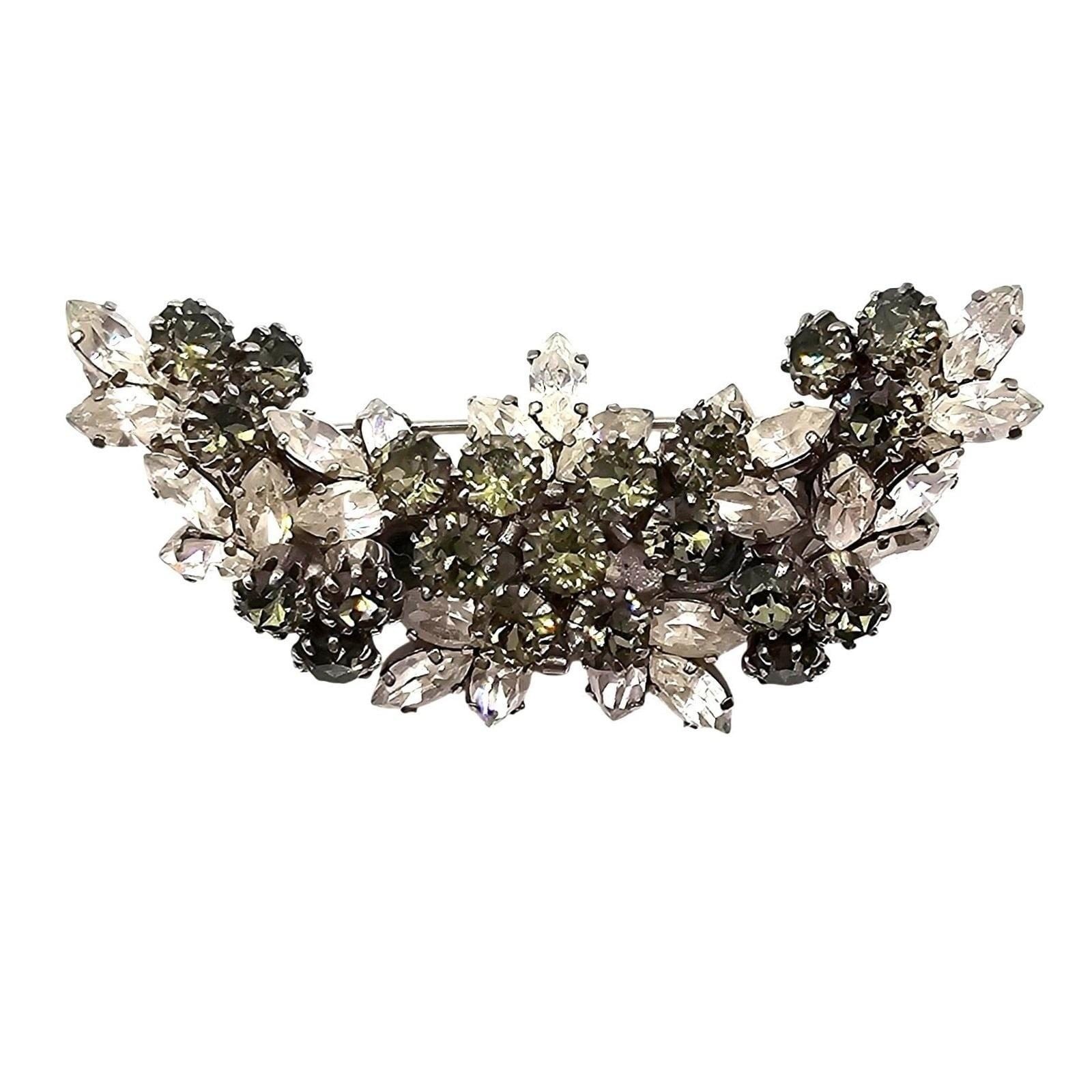 Vtg Schoffel & Co. Austrian Crystal Statement Brooch Green Gray Pin Floral Pin