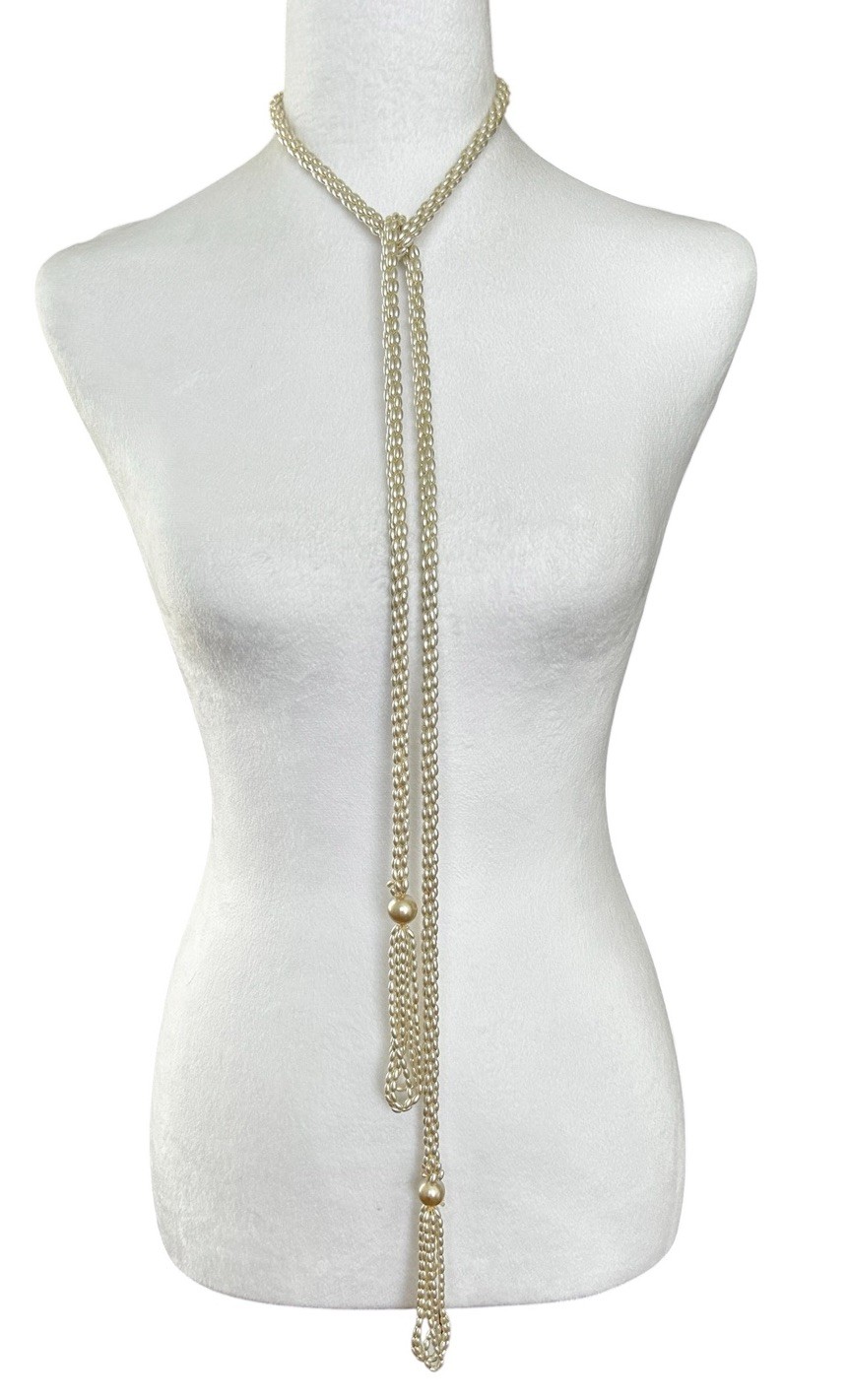Long Faux Pearl Lariat Necklace Multi Strand Tassel Wrap Belt Convertible 58”