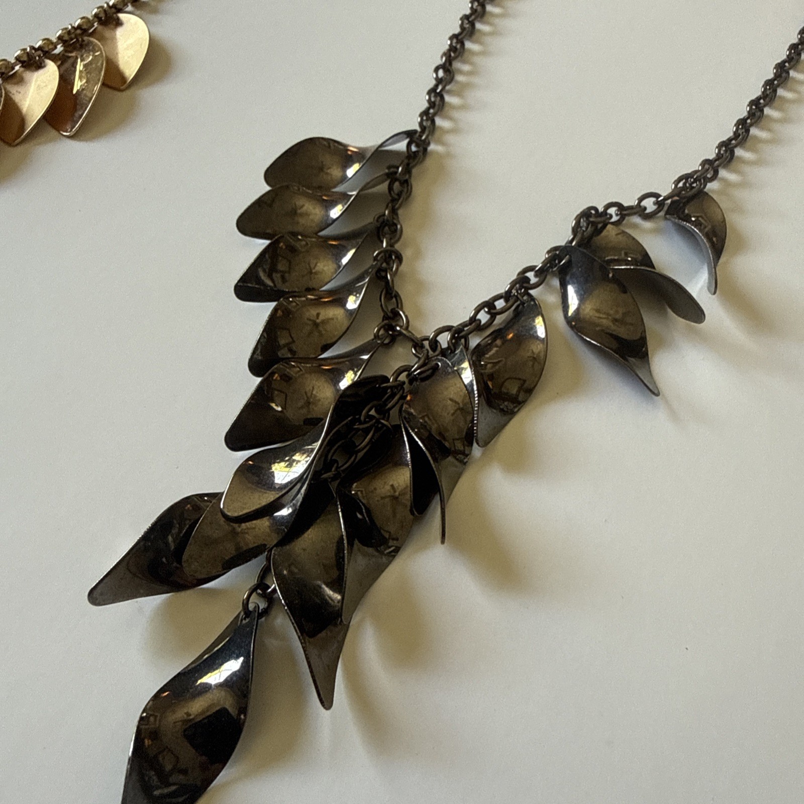 Lot Of 3 Vintage Sexy Nature Leaf Statement Metal Necklaces Gold Green & Black