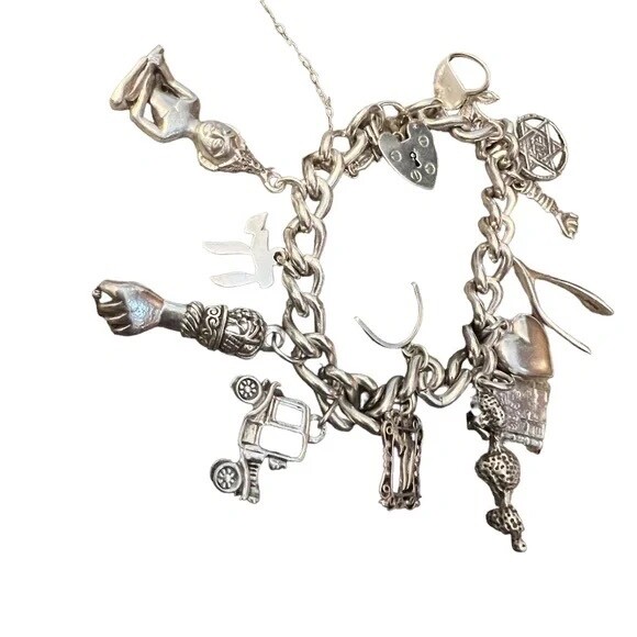 Vintage Charm Bracelet Loaded 14 Charms Sterling Silver