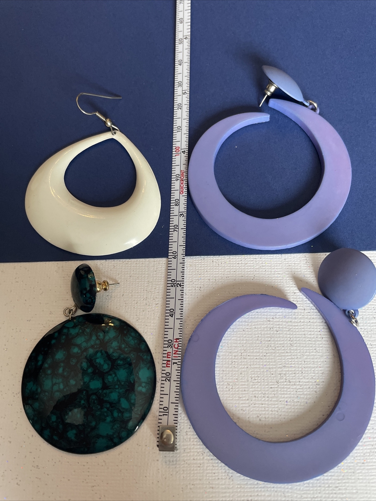 Earring Pierced 3 Piece Lot 1970 BoHo MOD Light Weight Green Purple & White N11