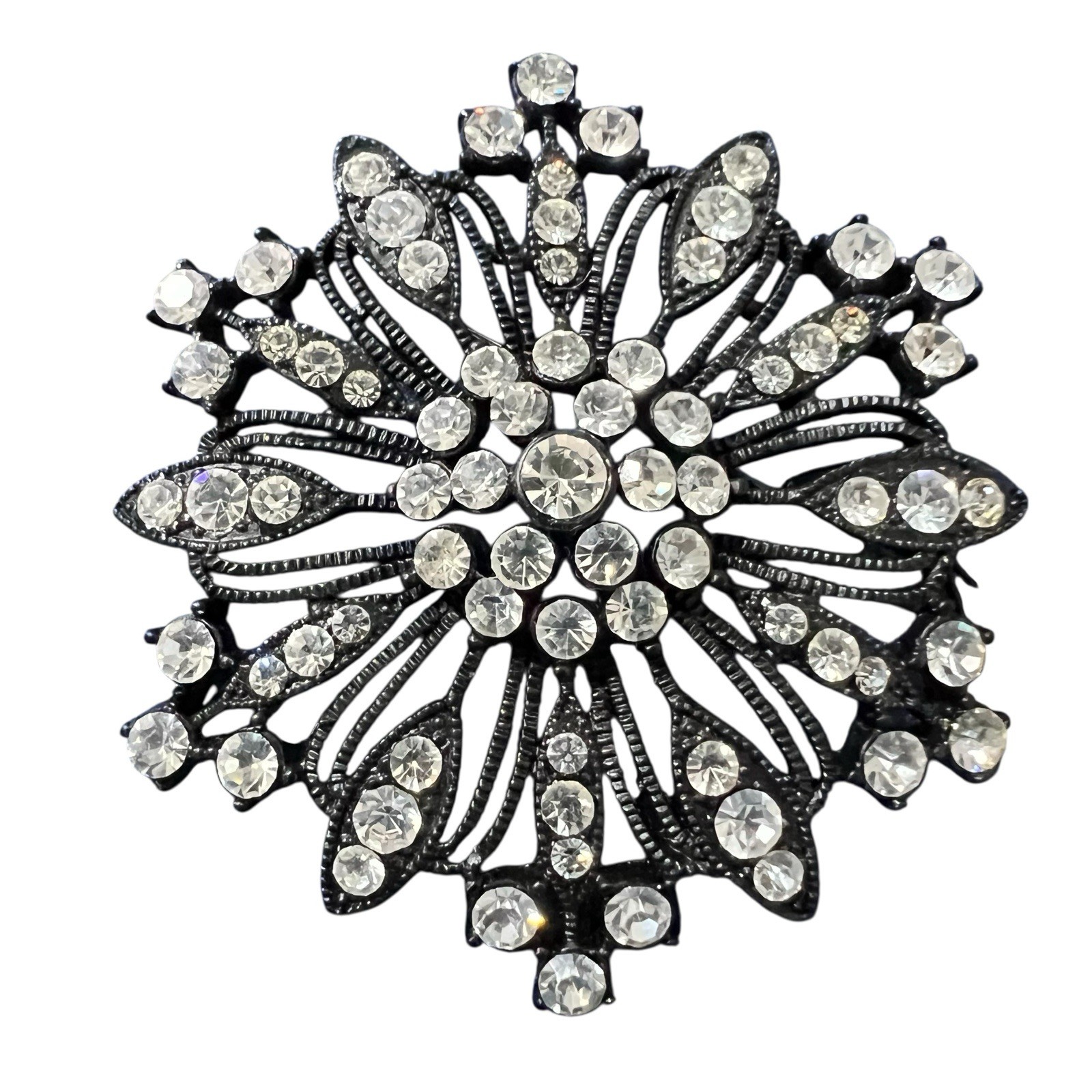 Vintage Black Spiral Starburst Metal Brooch/Pendant W/ Clear Sparkly Stones NWT