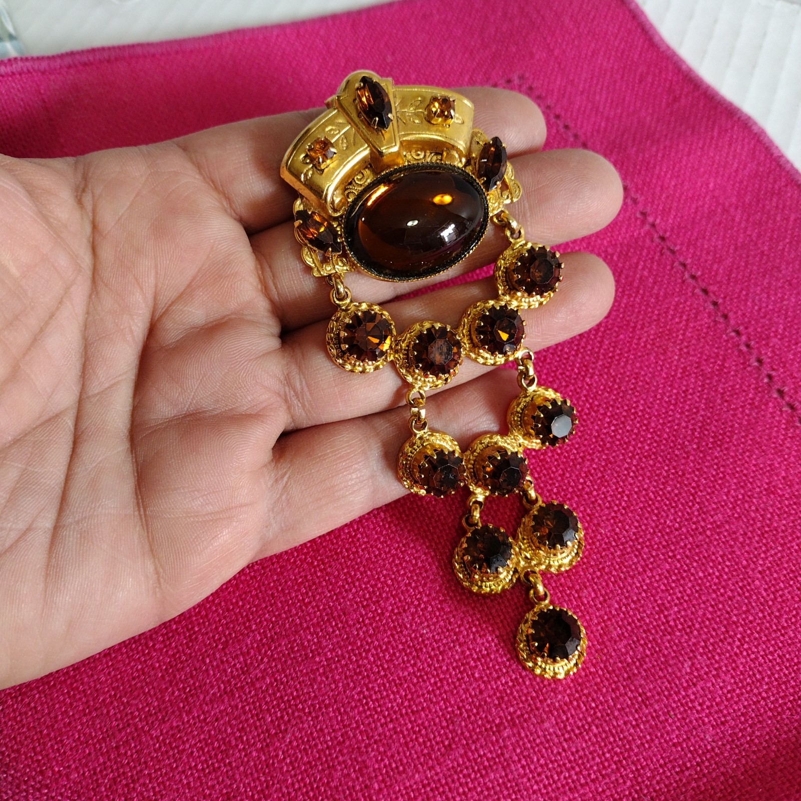 Robert Rose Gold Tone Amber Rhinestone Crown Chandelier Dangle Statement Brooch