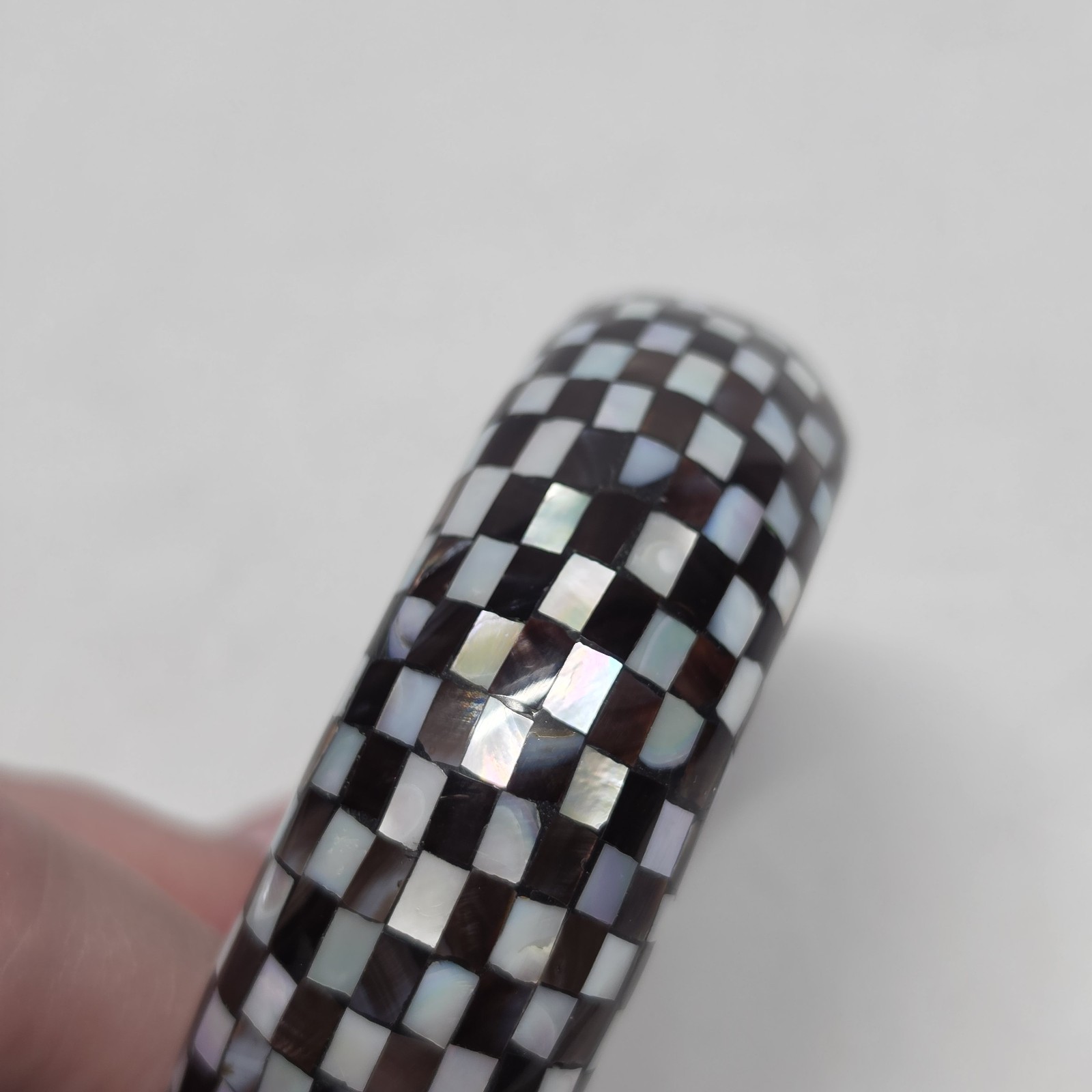 Vintage Mother of pearl Checkered Mosaic Marquetry Bangle Bracelet White & Brown