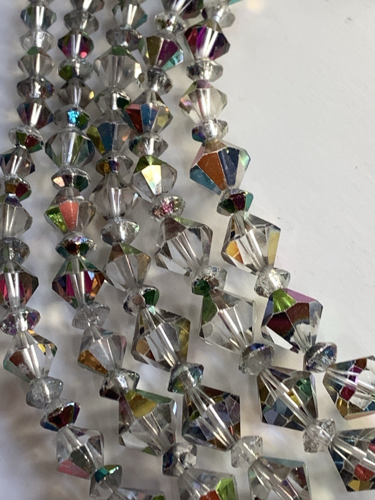 Aurora Borealis Multi Strand Collar Necklace Glass Beaded Bicone AB Silver Vtg