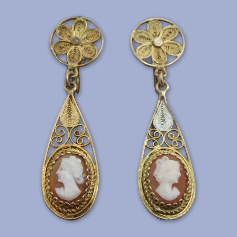 835 Silver Antique/Vintage Italian Carved Shell Cameo Earrings