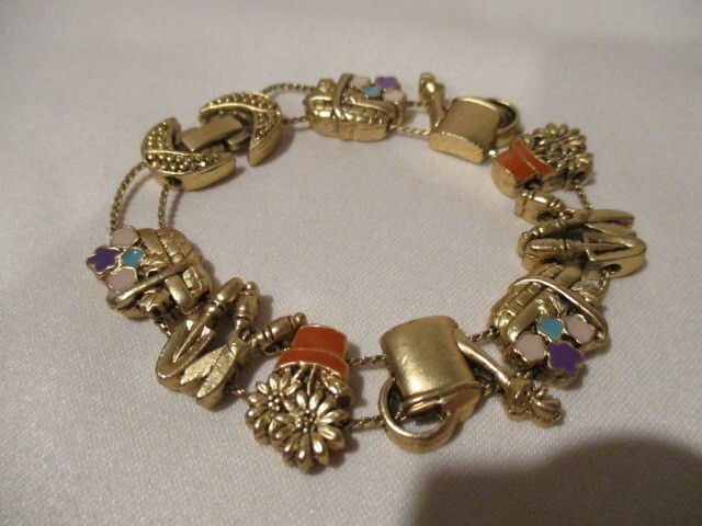 Vintage Brass & Enamel Gardening Slide Bracelet 7 1/4″ L x 3/4″ W