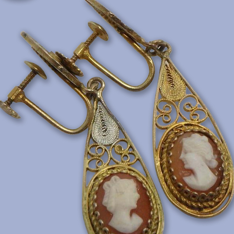 835 Silver Antique/Vintage Italian Carved Shell Cameo Earrings