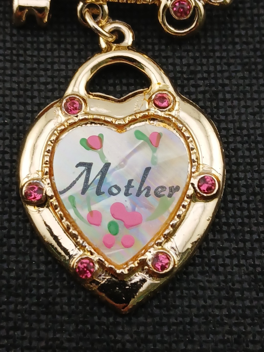 VINTAGE M.O.P. pink stones hand painted flowers Key dangle heart mother BROOCH