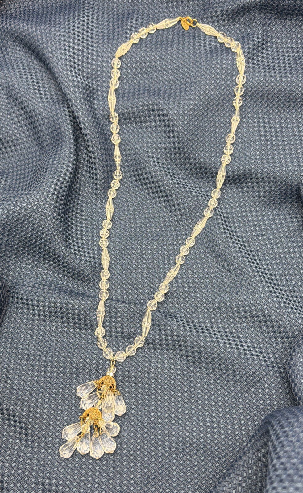 Vintage Signed Miriam Haskell Brass Crystal Facet Glass Dangle Necklace T2