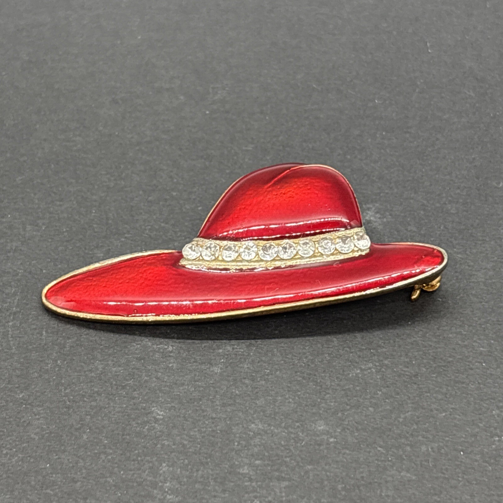 Vintage Gold Tone Red Hat Brooch with Crystal Band