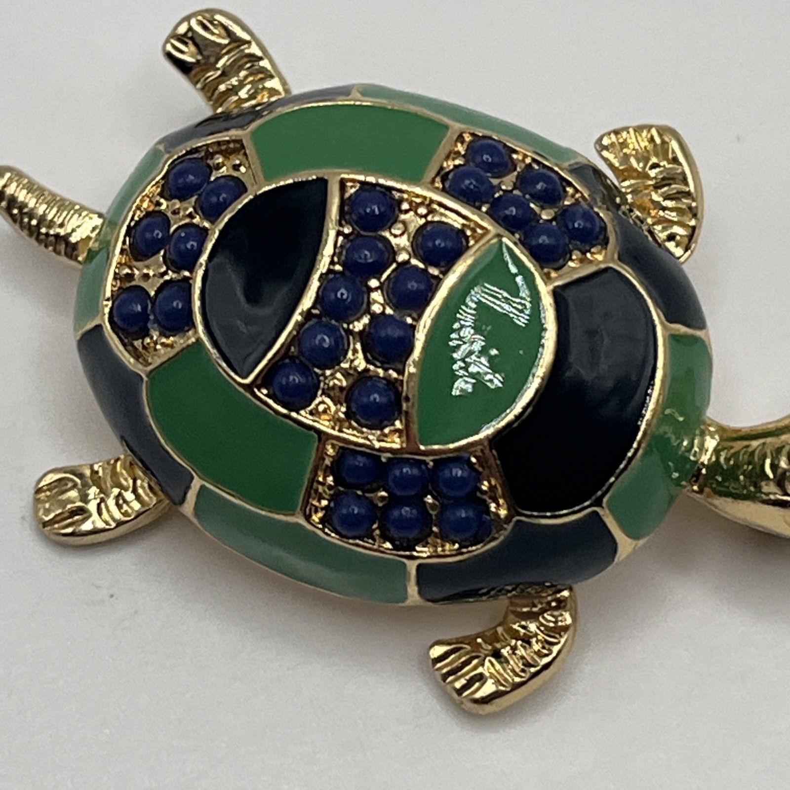 Vintage Enamel Turtle Brooch Gold Tone Green Blue Statement Piece Pin