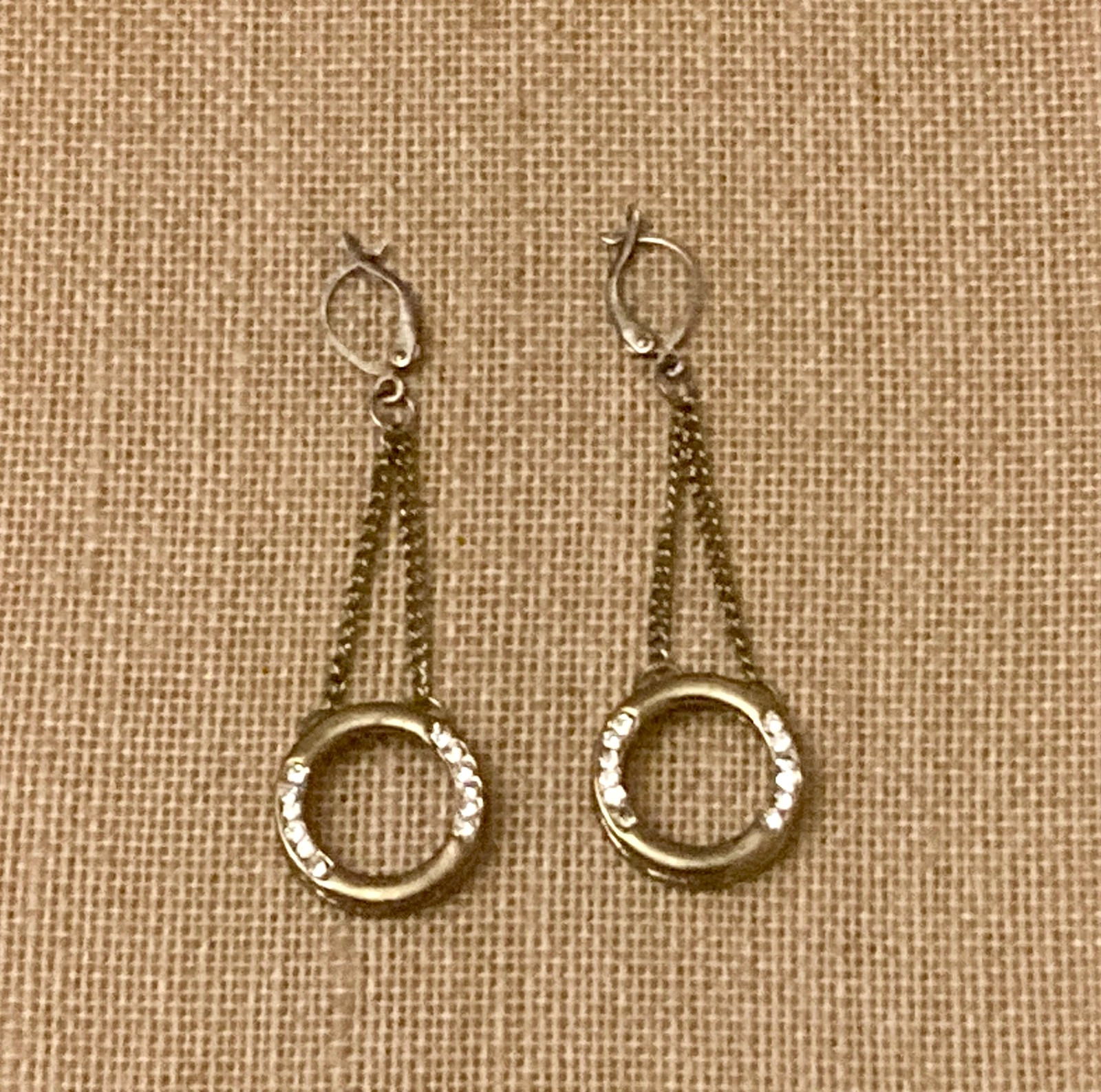Vintage Rhinestone Circle Earrings Dangle Chain Gold Tone Pierced
