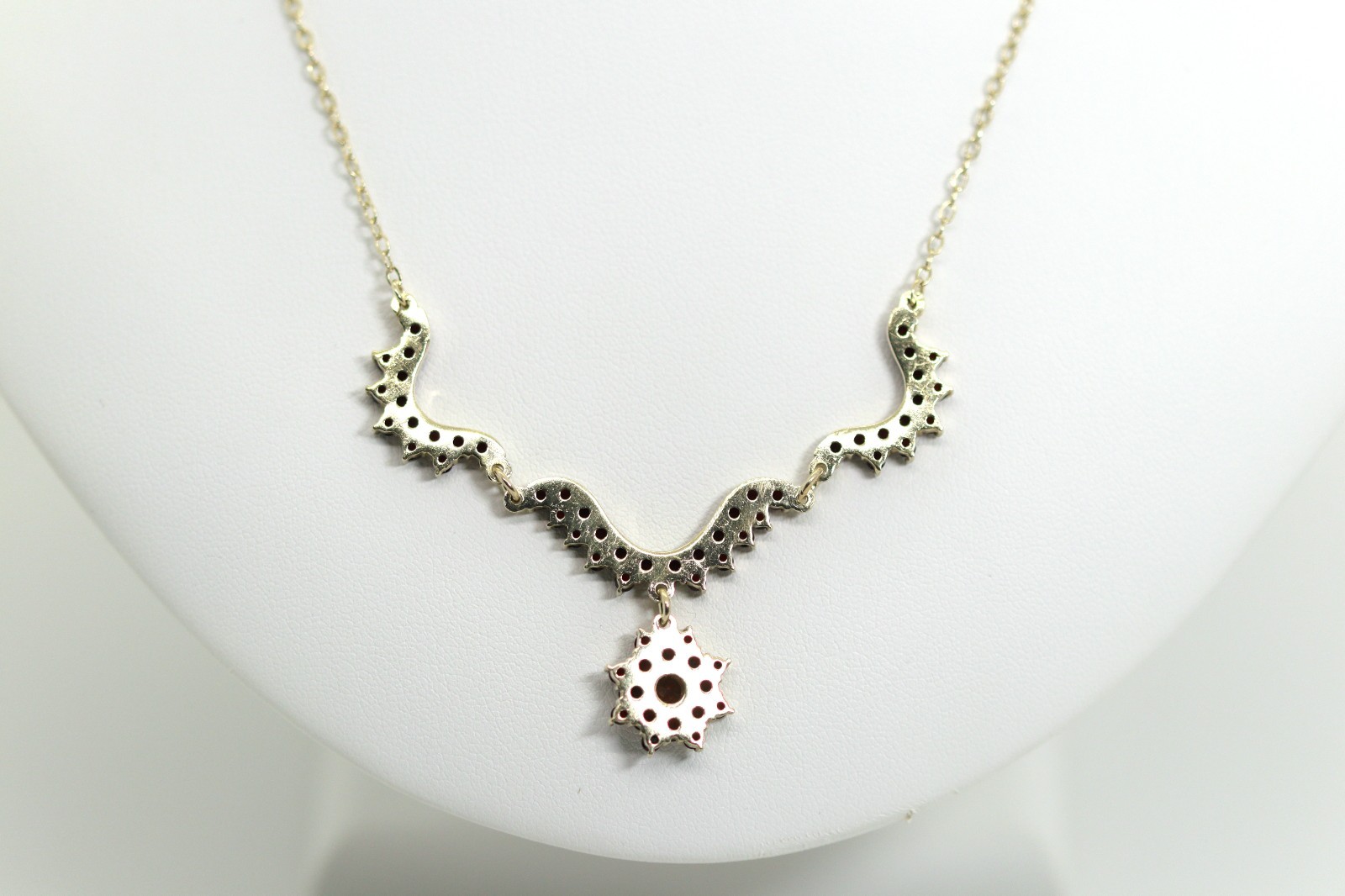 Vintage Silver Necklace Czech G 900 Gold Plated + Garnet Gems Star ,L:17 7/8in