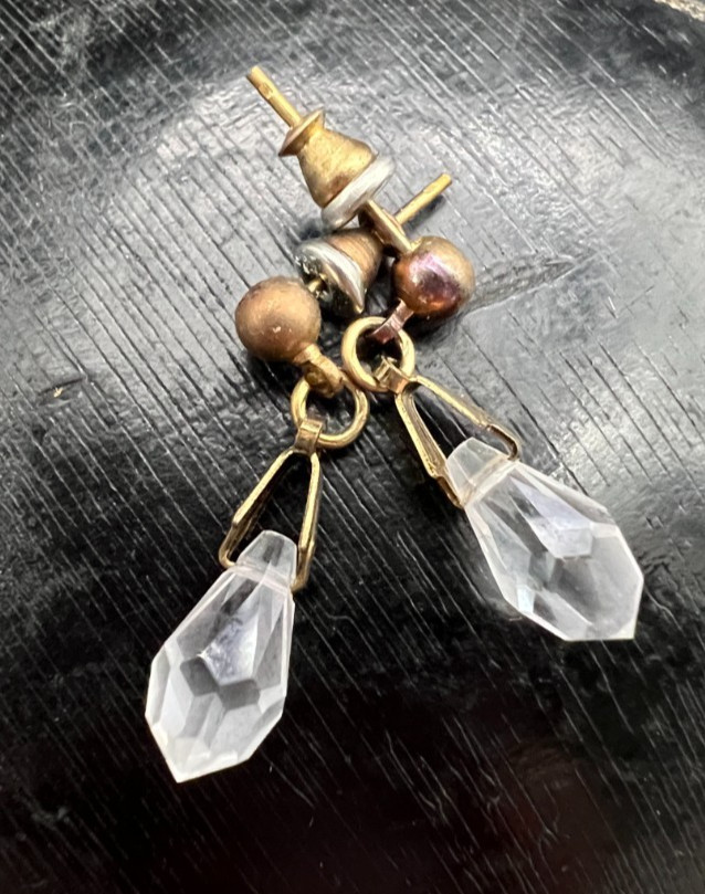 Vintage Pierced Gold Tone and Crystal Dangle Earrings w/Post Backs