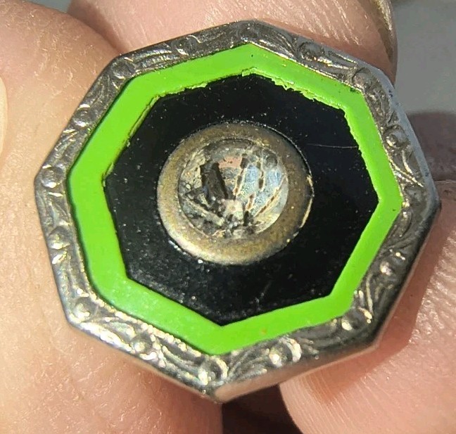 VTG 1930s Snap Link CUFFLINKS CELLULOID BRIGHT GREEN & Black Clear Rhinestone