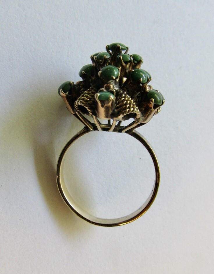 Vintage 60’s 14K Gold Jade Conical Ring 19 Stones Sz 7 3/4