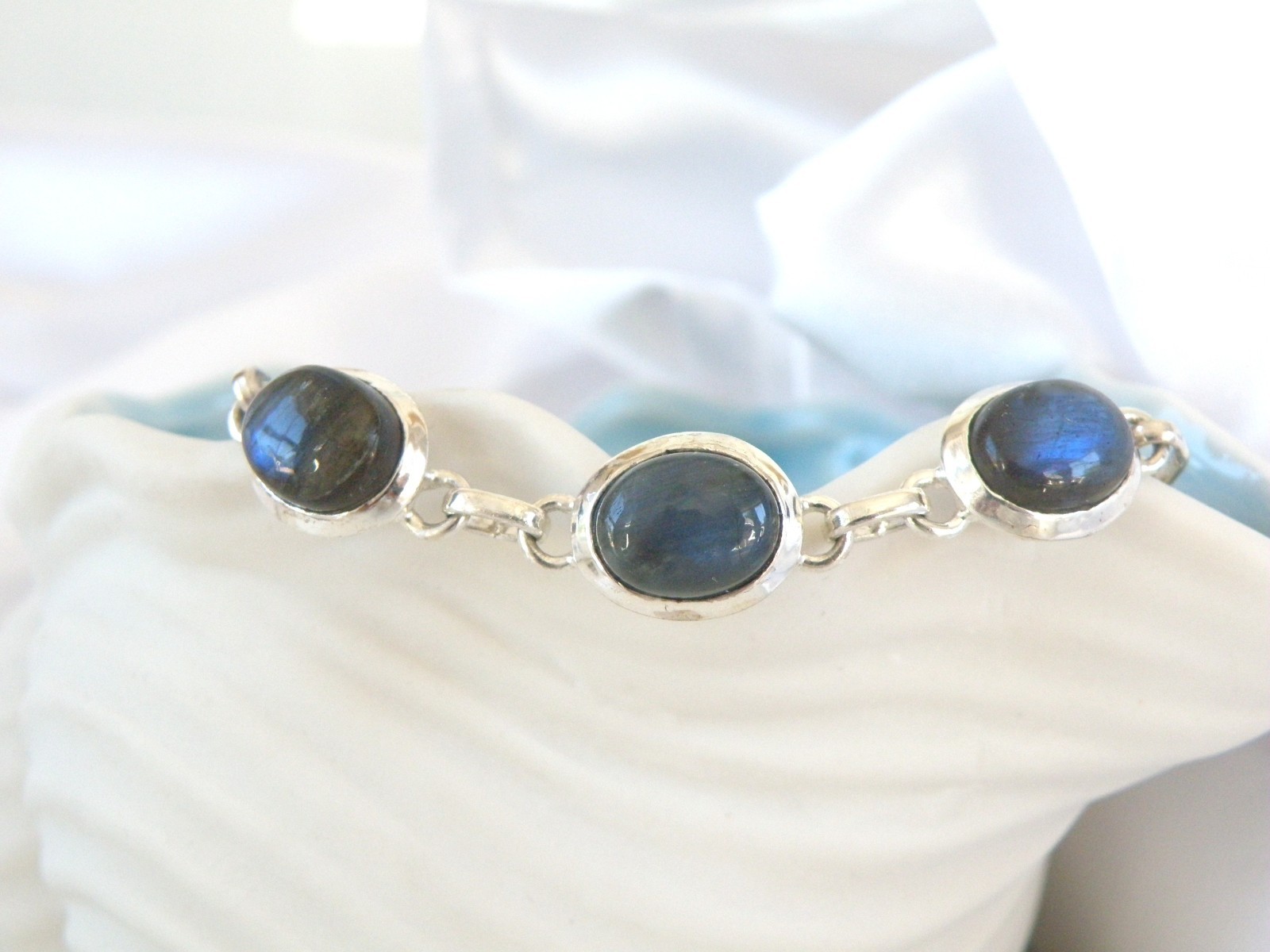 Vintage Sterling Silver 925 Labradorite Tennis Link Adjustable Station Bracelet