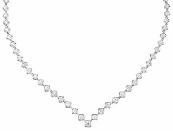 7.98CT DIAMOND 18K WHITE GOLD ROUND ETERNITY GEOMETRICAL V SHAPE TENNIS NECKLACE