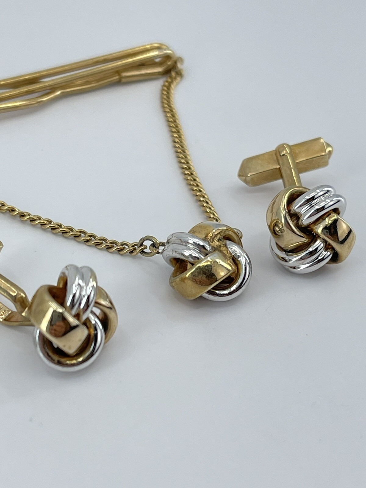 Swank cufflinks and tie clip set gold and silver tone knot bullet back