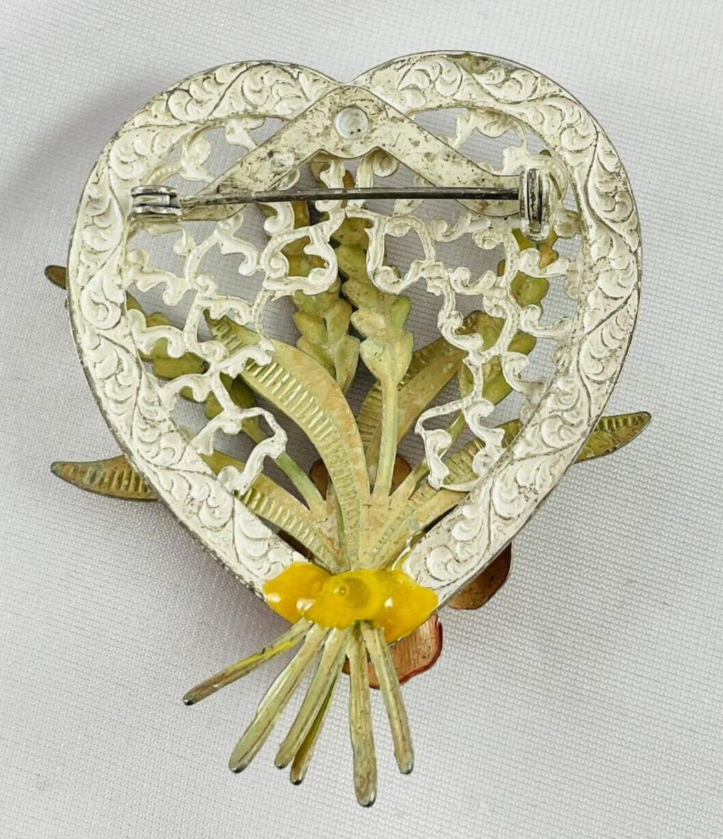 Vintage White Wash Enamel Heart Floral Spray Wheat Brooch Pin Stamped Layered