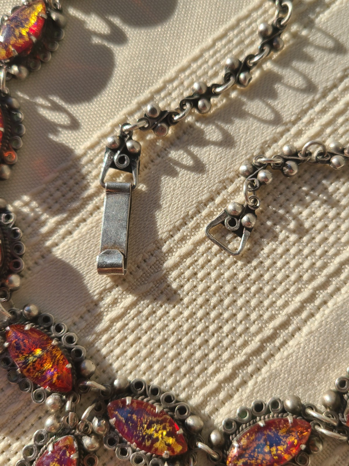 Vintage Sterling Silver Dragon’s Breath & Gold Foil Glass Jelly Opal Necklace