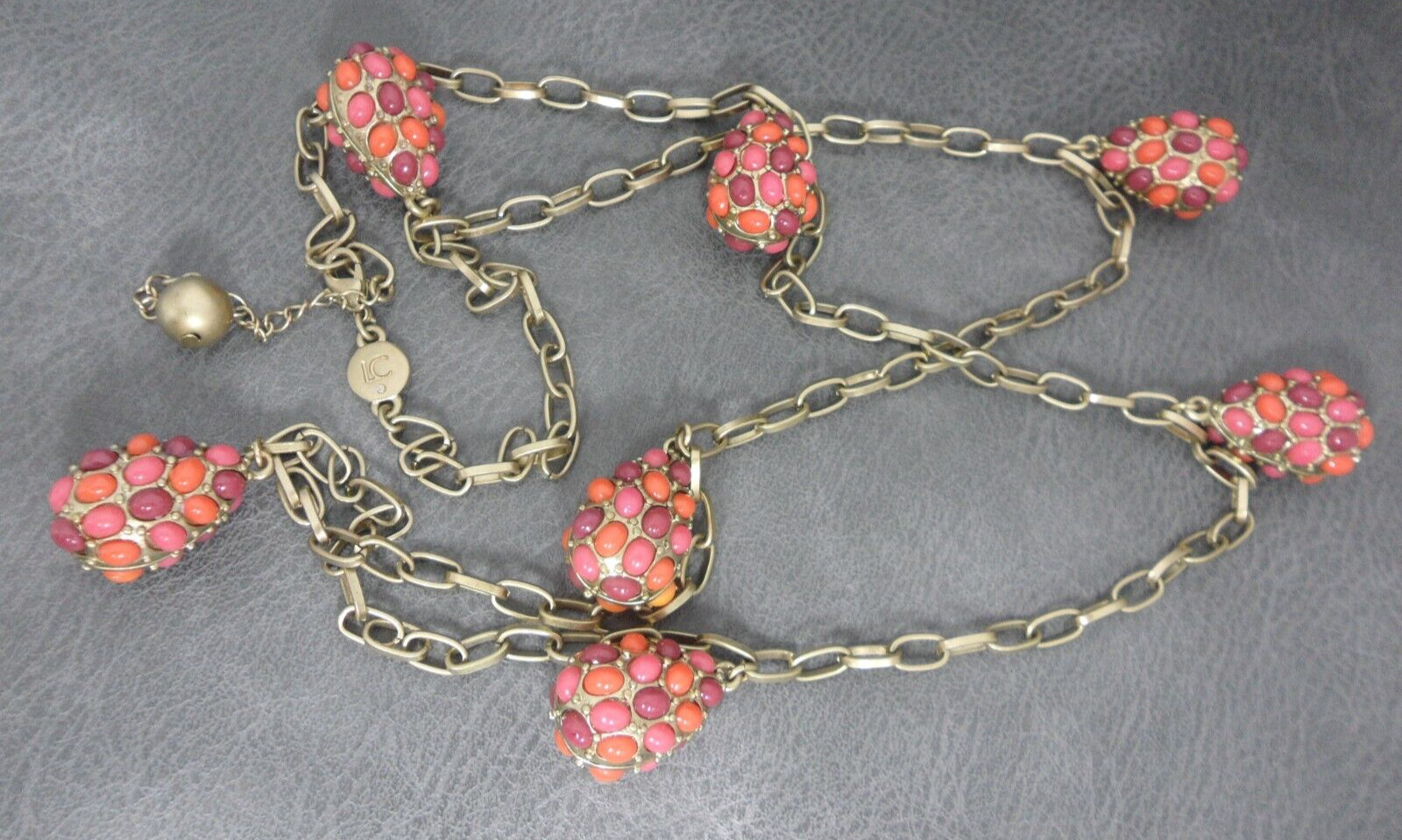 LC Station Necklace Cabochon Encrusted Mogul Sautoir Lavalier Pear Shaped Charms