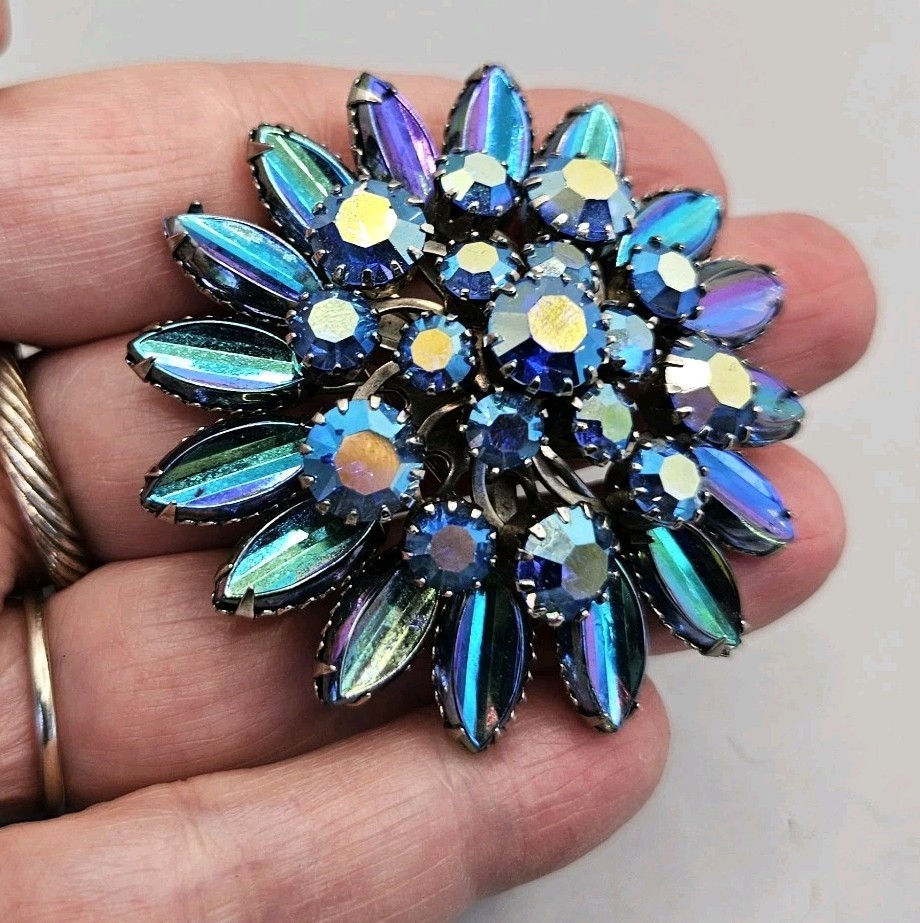 Vintage AB Rhinestone Brooch Flower Dome Cluster Peacock Blue Color