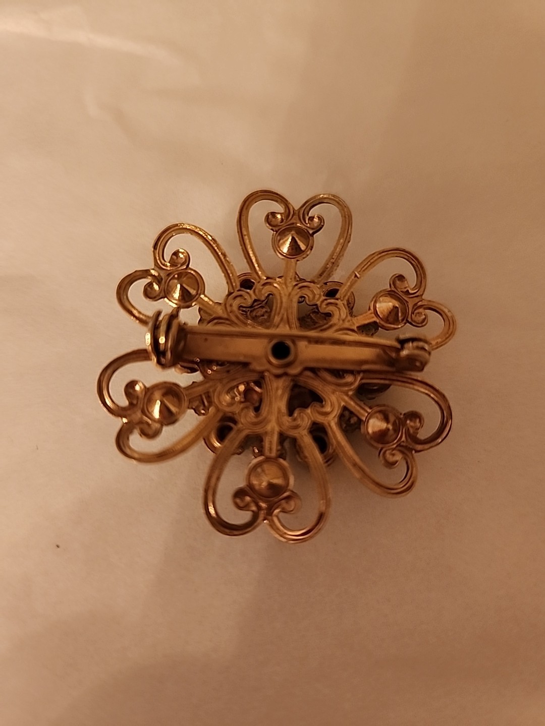 Vtg Virgin Mary Gold Tone Pin Brooch Filigree Enamel Blue Facet