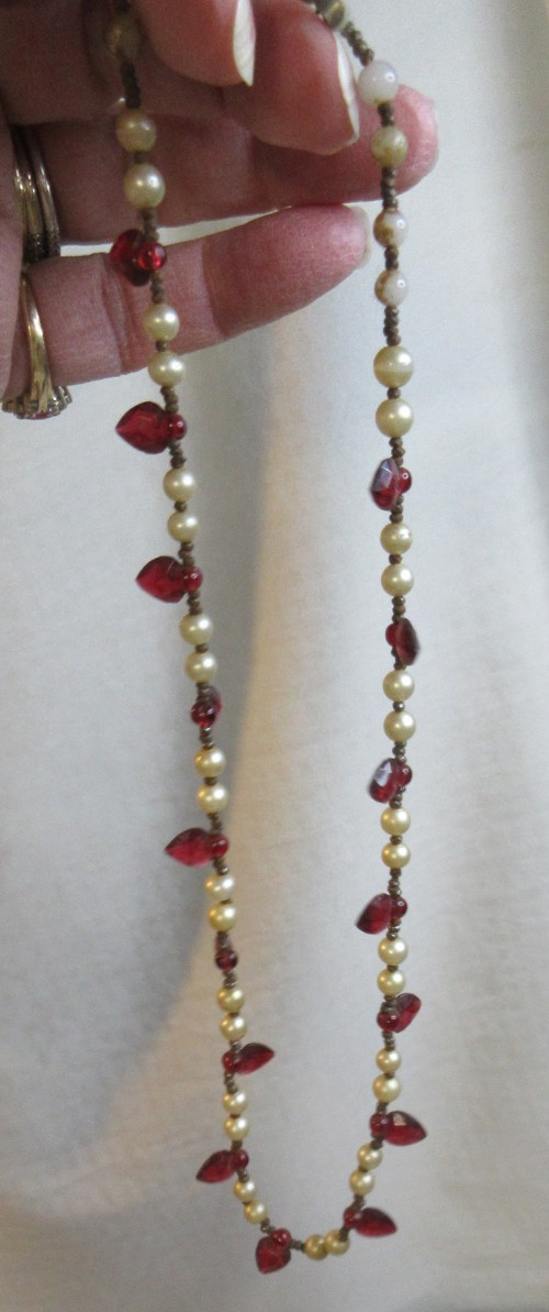 VICTORIAN RED HEARTS & PEARLS NECKLACE~SIGNED