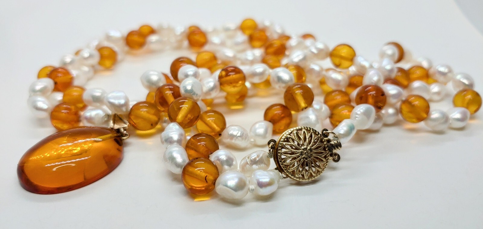 14k Gold Honey Amber Pearls Double Necklace 24″ 14k Removable Antique Pendant