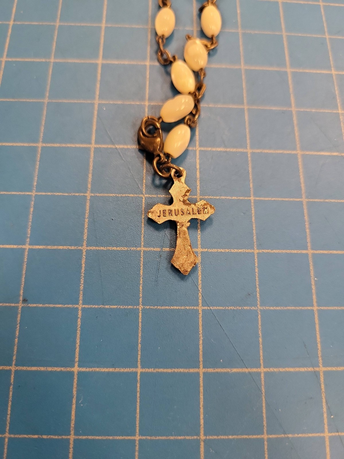 Vintage Jerusalem Rosary Bracelet Cross Crucifix White Oval Beads Religious Gift