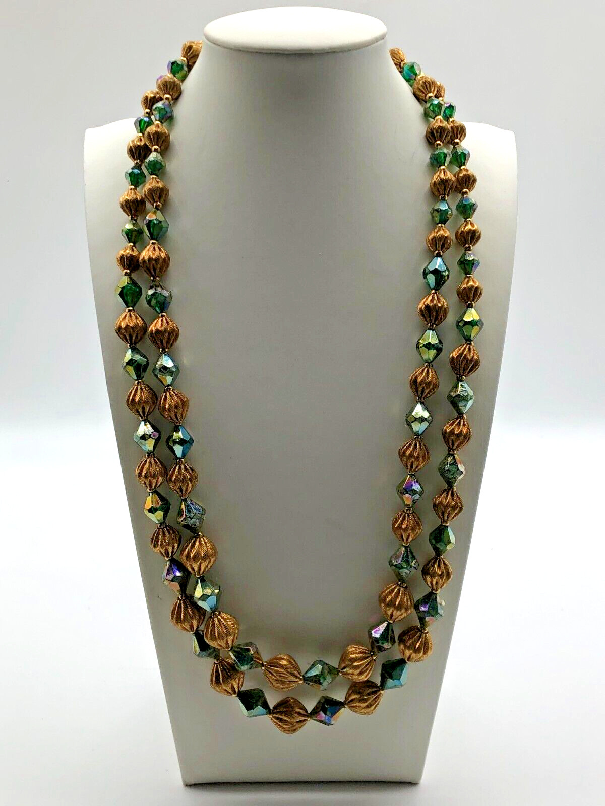 VTG 2 Strand Green AB & Gold Tone Bicone Bead Necklace MCM 1960s Estate